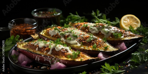 Culinary Delights, A Visual Odyssey of Dishes Featuring Roasted Eggplant, Capturing Mediterranean Flavors in Every Bite 