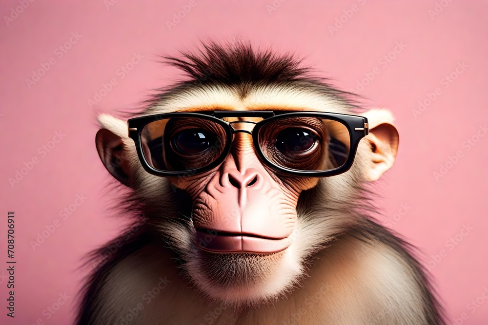monkey in sunglass shade glasses isolated on solid pastel background