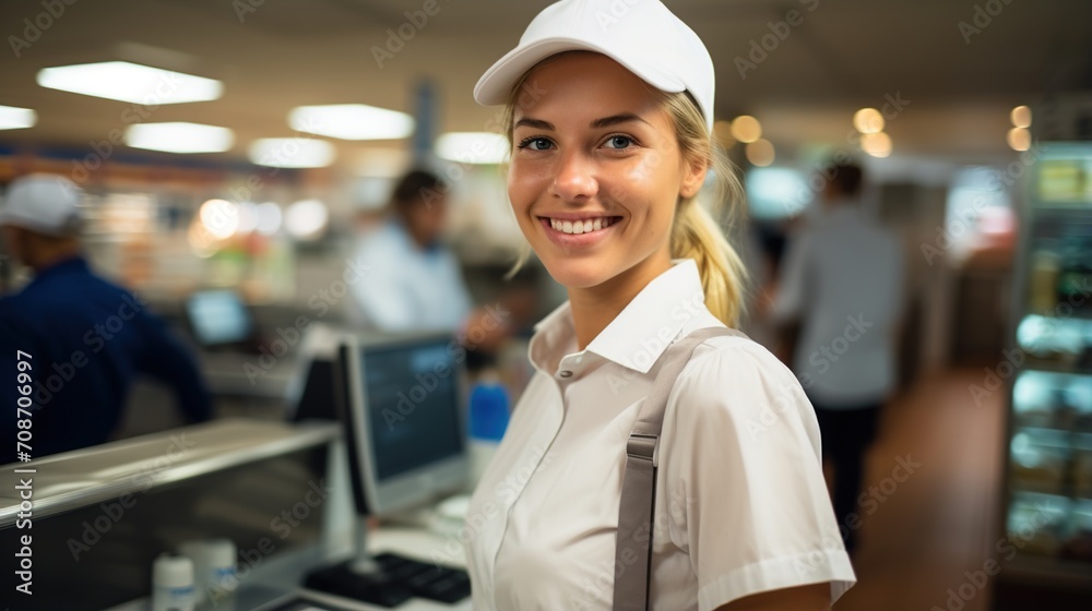 Portrait of a smiling young woman wearing a white cap and white shirt in a supermarket