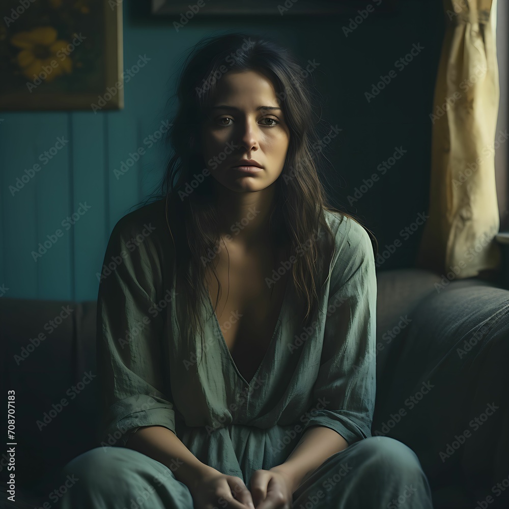 Woman in depression with bewildered thoughts in her mind. Depression, loneliness and mental health concept. Woman in depression with bewildered thoughts in her mind. Depression, loneliness and mental health concept.