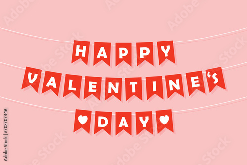 happy valentine's day bunting garland, red pennants with white letters, party lettering banner, valentine card, vector illustration