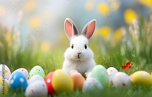 Easter bunny holds a white blank sign in its paws on colorful blurred easter eggs and green grass nature background