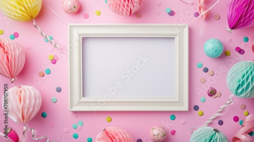 Happy Easter greeting card mockup with blank white frame on pink background. Top view, flat lay. AI generated