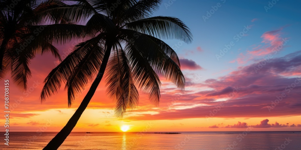 outdoor nature with a breathtaking sky during either sunrise or sunset, framed by the graceful silhouette of a coconut palm tree.