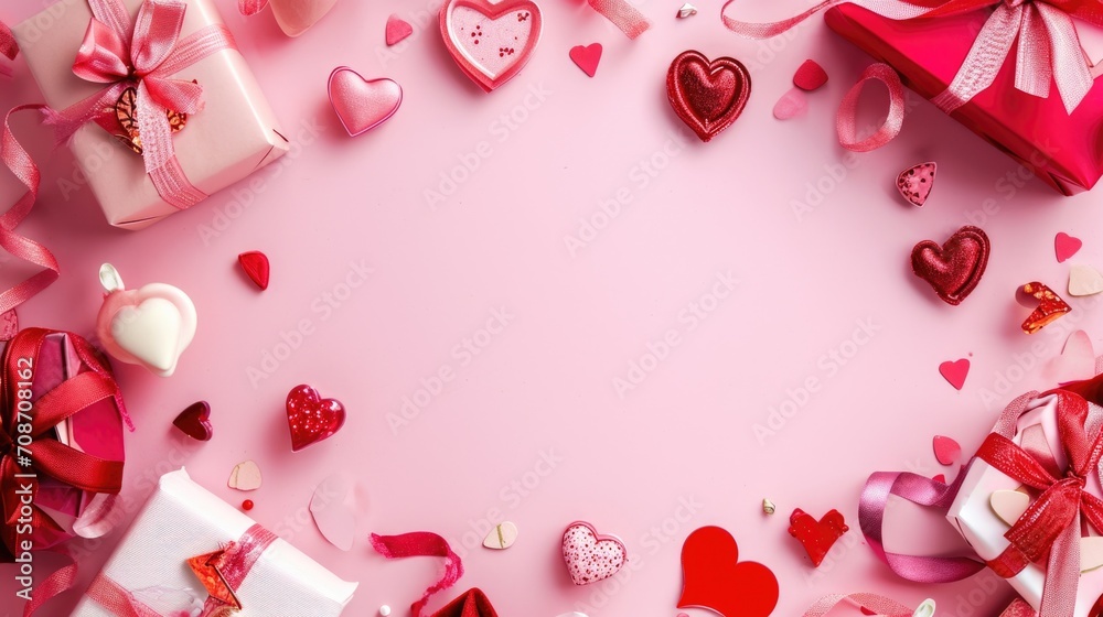 Valentine's Day background with gift boxes and hearts on pink background. AI generated