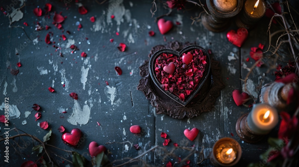 Valentine's Day background with red hearts and candles on dark background. AI generated