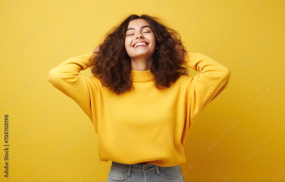 Young woman with brown hair wearing yellow sweatshirt smiling with eyes closed Young woman with brown hair wearing yellow sweatshirt smiling with eyes closed