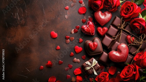 Chocolate hearts and roses on stone background. Top view with copy space. AI generated