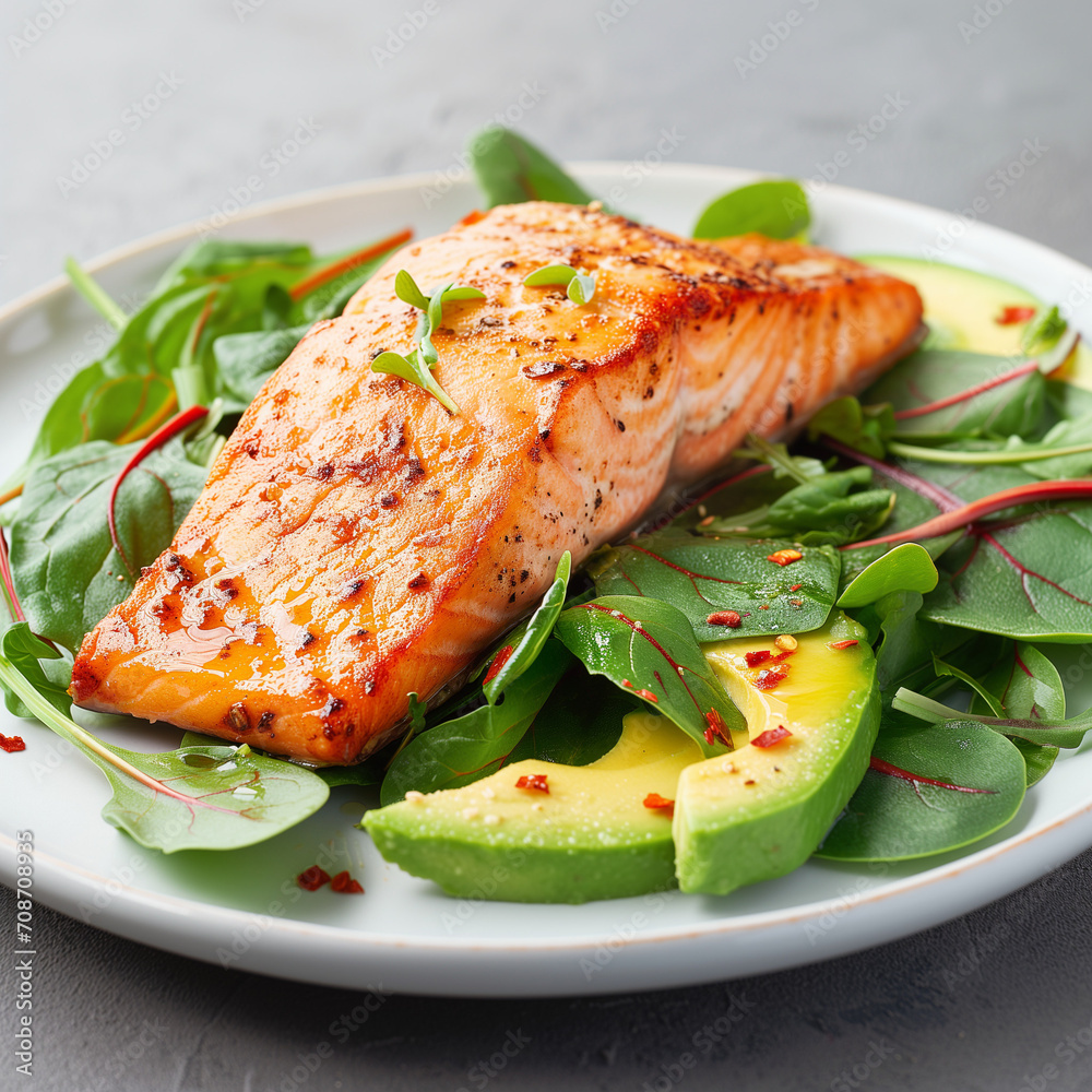 Grilled Salmon with Leafy Greens and Avocado