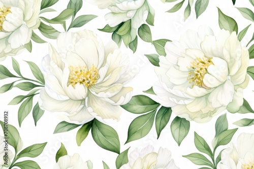Floral pattern with white peonies. Blooming flowers on a light background. Watercolor style © happy_finch