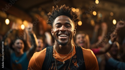 Portrait of a joyful African-American basketball player celebrating victory with teammates in the background © duyina1990