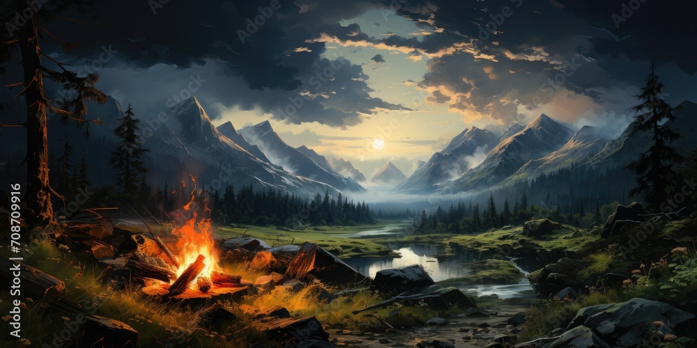 Envision a serene morning scene with a campfire burning amidst lush greenery under a cloudy sky. 