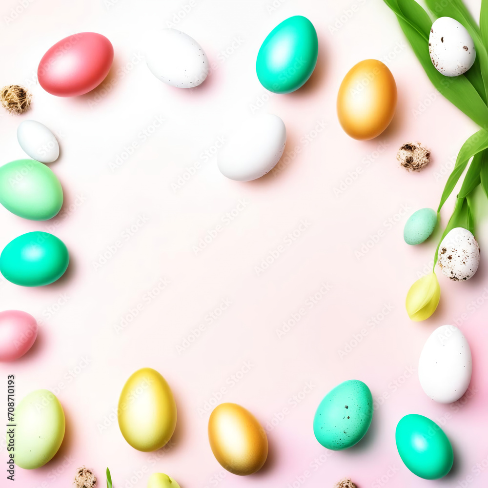 Easter eggs are laid out on a light background so as to form a frame. Easter eggs are laid out on a light background so as to form a frame.