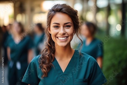 Confident female healthcare professional in scrubs smiling