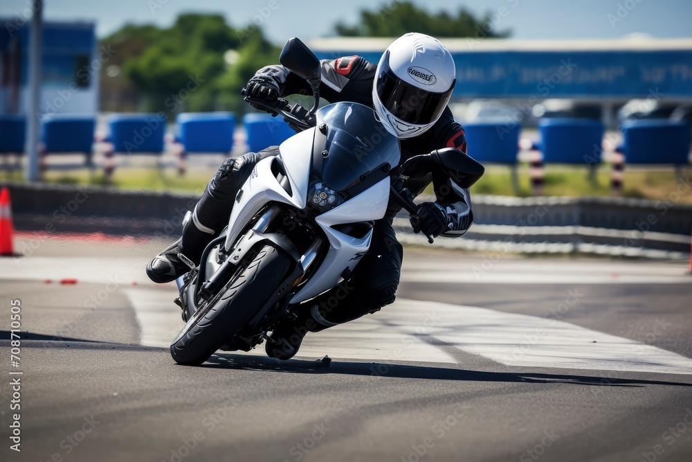 A motorcyclist in full gear, including a white helmet and protective clothing, is dynamically cornering on a sport motorcycle on a racetrack, demonstrating skill and speed A motorcyclist in full gear, including a white helmet and protective clothing, is dynamically cornering on a sport motorcycle on a racetrack, demonstrating skill and speed