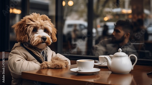 Pet friendly places concept. Small cute dog sitting at the table in a cafe. Emotional support concept. © елена калиничева