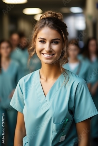 Confident female surgeon with colleagues in the background