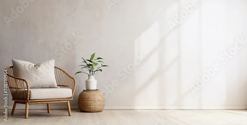 Boho living room interior with empty beige wall and cozy wicker armchair. Natural daylight from a window. Minimalist promotional background with copy space. photo