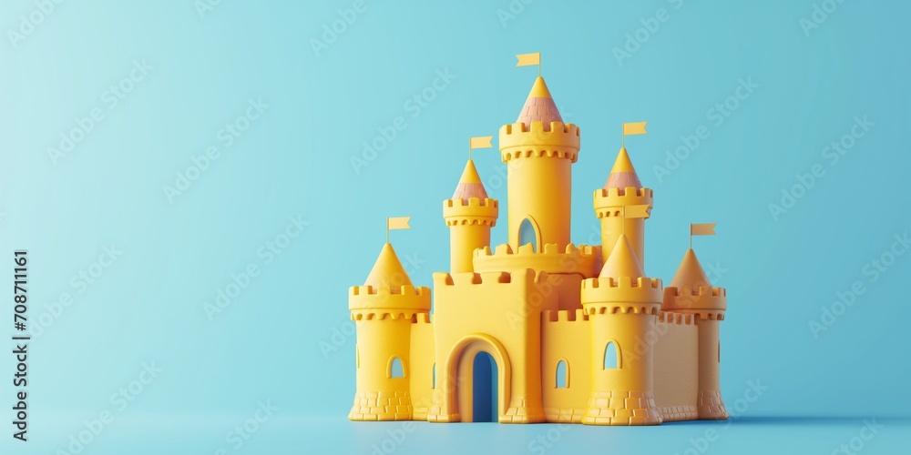Magic yellow Princess Castle with flags and towers. Cartoon Style. Children’s game. For games. Fantasy kingdom. Toy. Colourful design. 3D Illustration for book. Copy space for text. Isolated on blue