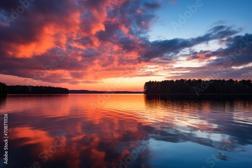 A breathtaking sunset over a calm lake, with fiery clouds reflected on the water's surface creating a symphony of red and orange shades against the darkening sky