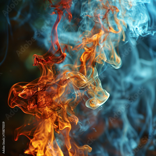 Colorful smoke rising from below, blue smoke in the background