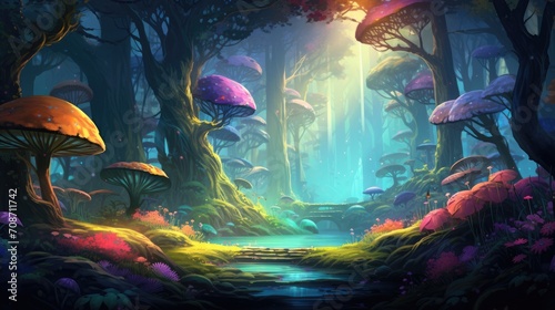 Enchanted forest scene with magical mushrooms and lush vegetation. Fantasy landscape.
