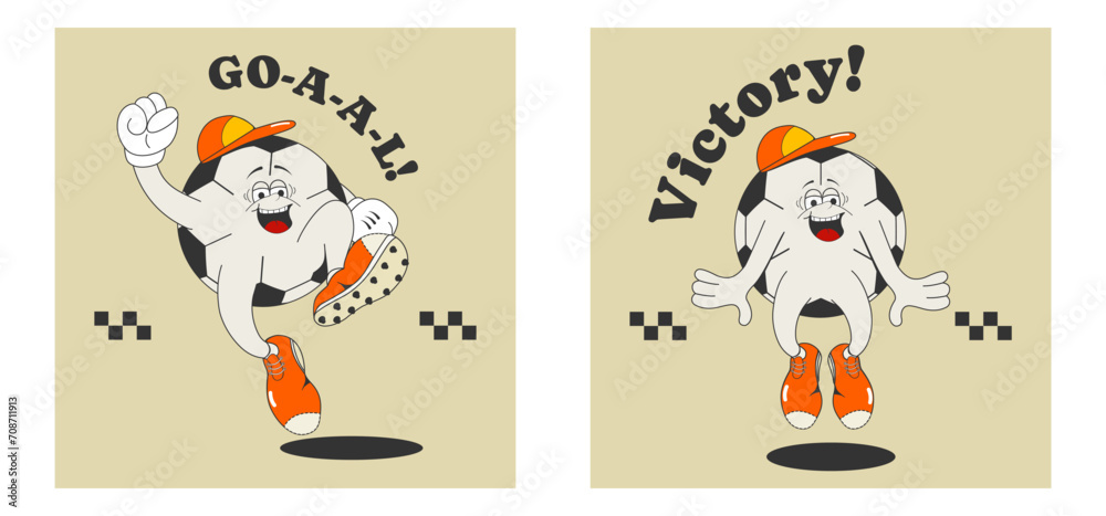 Fototapeta premium Trendy poster, print, postcard with cartoon groovy character soccer ball and motivational quote. A sports ball bouncing with joy. Vector illustration in retro style of the 60s-70s