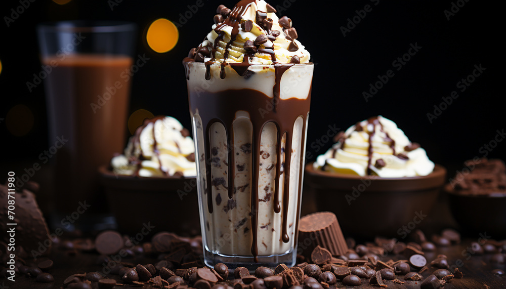 Indulgent gourmet dessert dark chocolate milkshake with whipped cream generated by AI