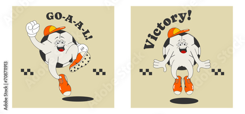 Trendy poster, print, postcard with cartoon groovy character soccer ball and motivational quote. A sports ball bouncing with joy. Vector illustration in retro style of the 60s-70s
