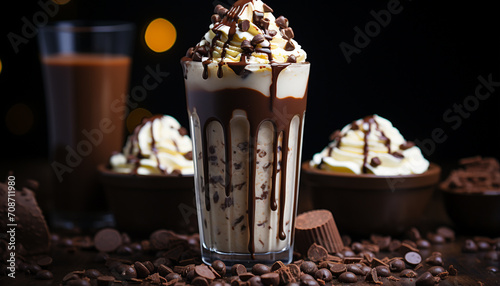 Indulgent gourmet dessert dark chocolate milkshake with whipped cream generated by AI