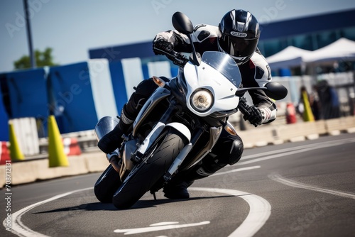 A focused motorcyclist clad in a black and white riding suit and helmet maneuvers a white sport motorcycle with precision on a paved track, leaning into a tight corner on a sunny day