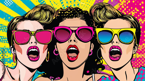 Wow pop art party womans. Vector colorful background in pop art retro comic style.