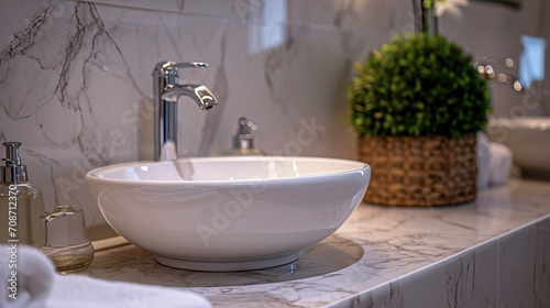 The banner of a white sink with water is an advertising material that depicts an elegant white sink filled with clear water. It can be made in a large format from various materials such as plastic  fa