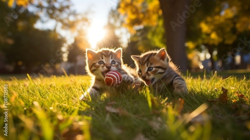 Two playful kittens wrestling with a ball of yarn in a cozy living room filled with warm sunlight -Generative Ai photo