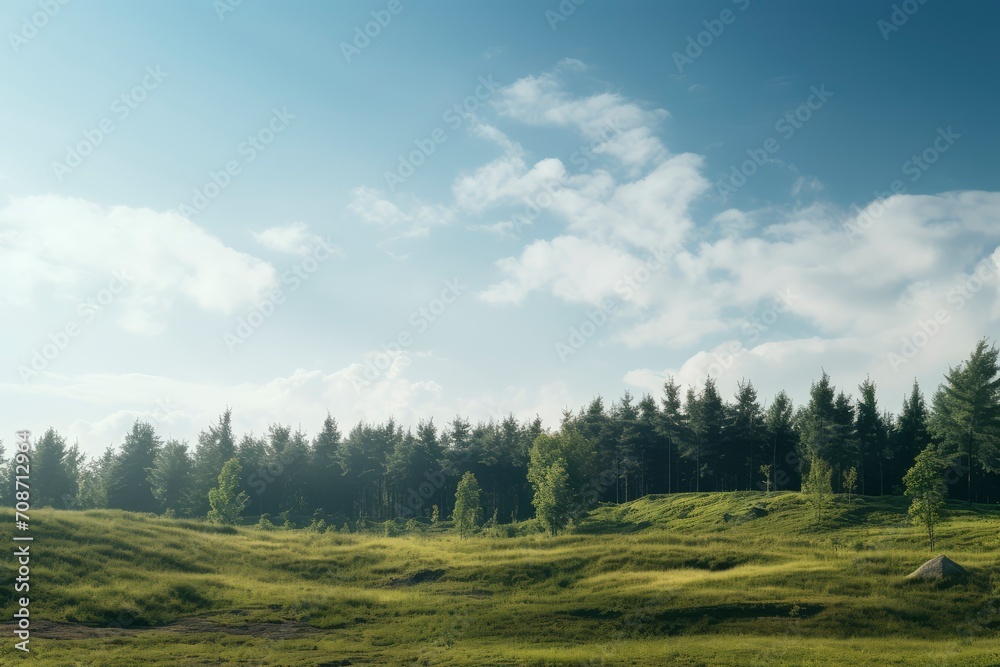 A serene landscape depicting a lush meadow with undulating green grass