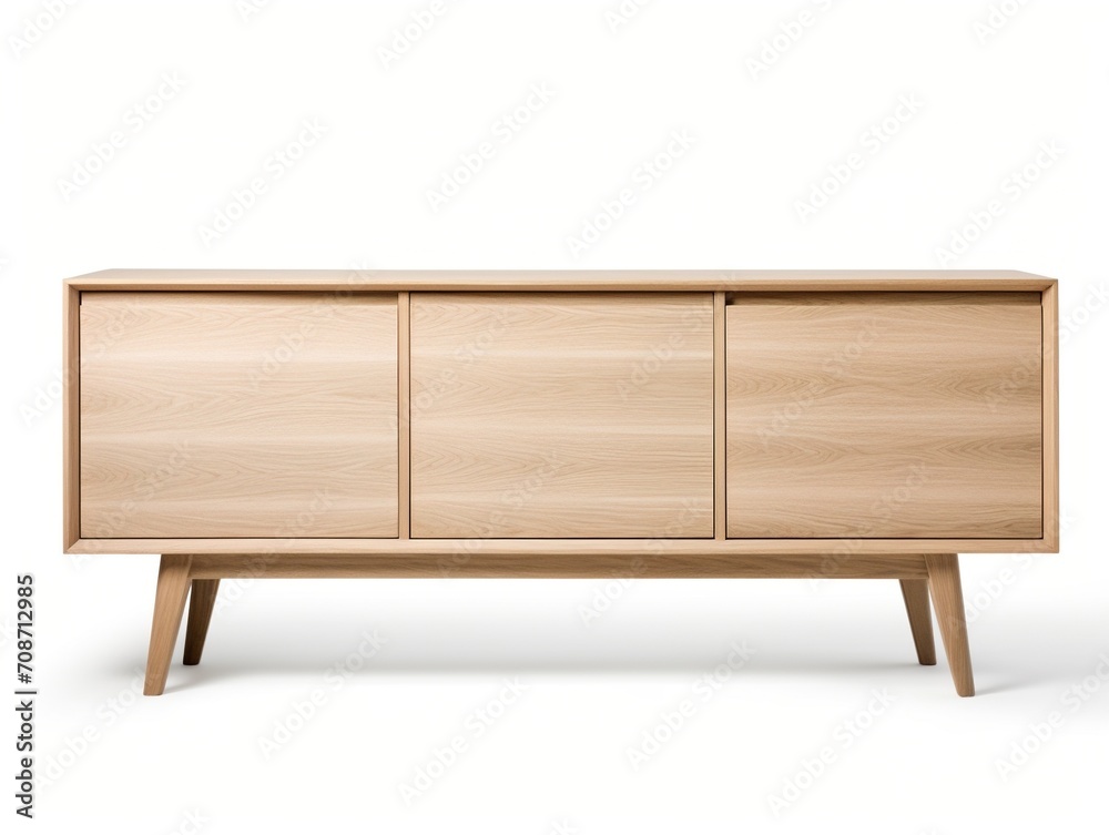 Minimalist wooden sideboard with three doors and four legs,