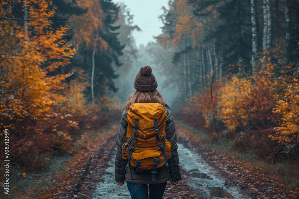 A redhead woman wearing orange hiking in the outdoors