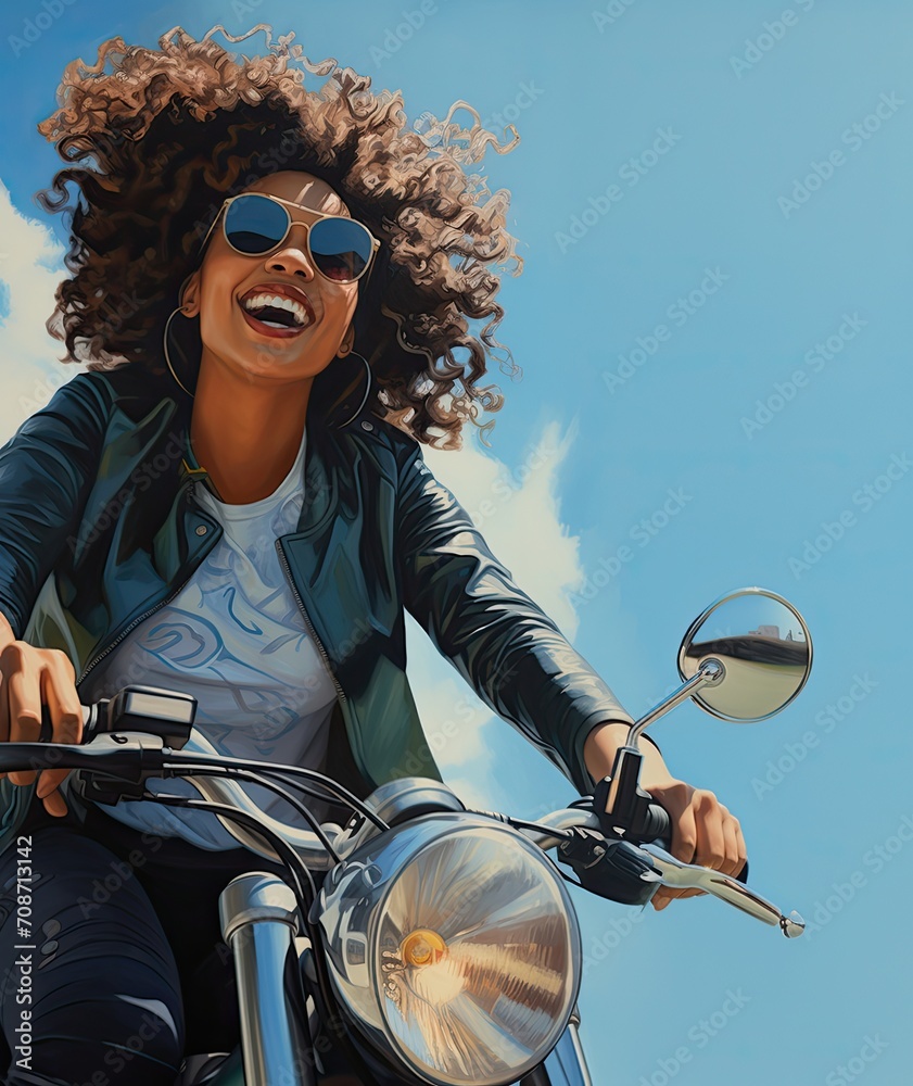 Happy African American woman driving a motorcycle on a sunny day