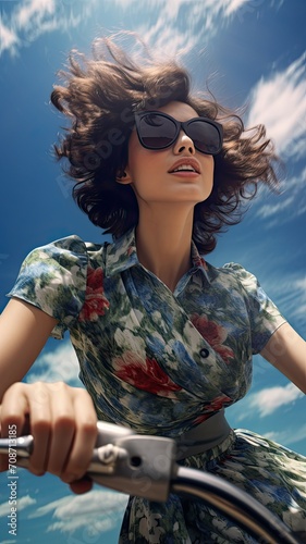 Happy Caucasian woman driving a motorcycle on a sunny day