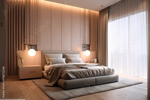Close up of beautiful bed in elegant and comfortable modern bedroom. Interior design details	
