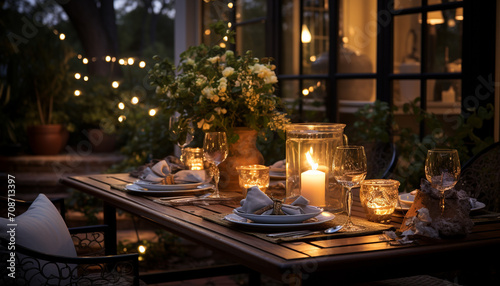 Luxury dining table adorned with candlelight, elegant decor, and exquisite food generated by AI