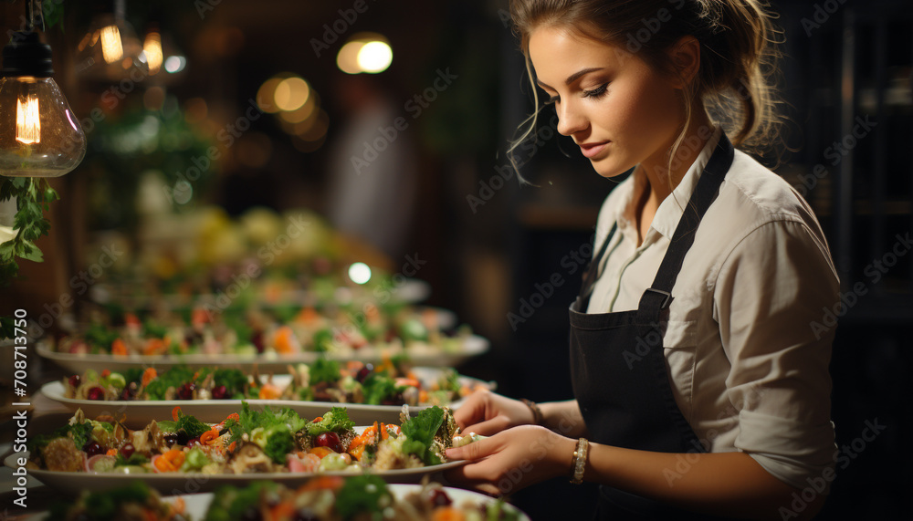 Young adult woman, owner of small business, preparing fresh salad generated by AI