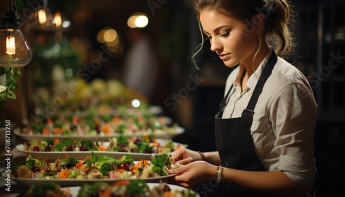 Young adult woman  owner of small business  preparing fresh salad generated by AI