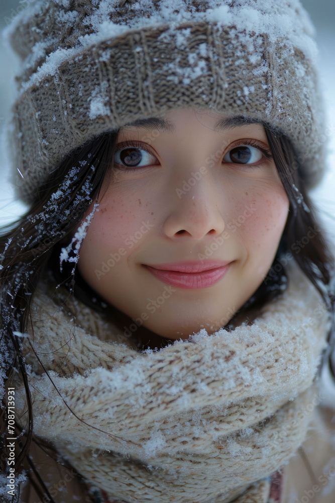 a portrait of a smiling Japanese woman in the snow wearing warm winter clothes a portrait of a smiling Japanese woman in the snow wearing warm winter clothes
