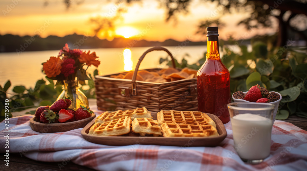 Sunset Feast. Picnic featuring waffles against a colorful sky. International waffle day