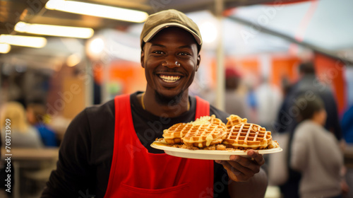Waffle festival  showcasing a diverse array of waffle creations from different cultures  Include the vibrant atmosphere and smiling faces