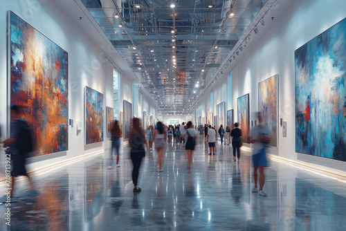 A blurry art gallery shot with a long exposure, people looking at art