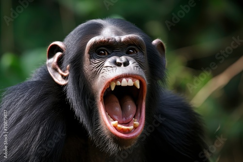 Close-up of an adult chimpanzee with its mouth open, revealing teeth, set against a blurred green forest background