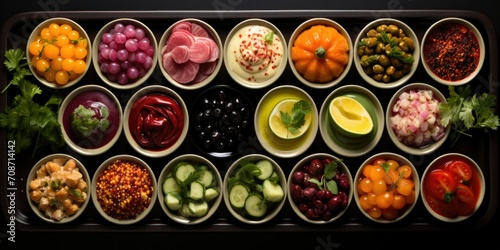 top view showcases the rich textures and vibrant colors of the food, creating a mouthwatering display. 