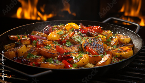 Grilled vegetables on a rustic plate, cooked with fire heat generated by AI